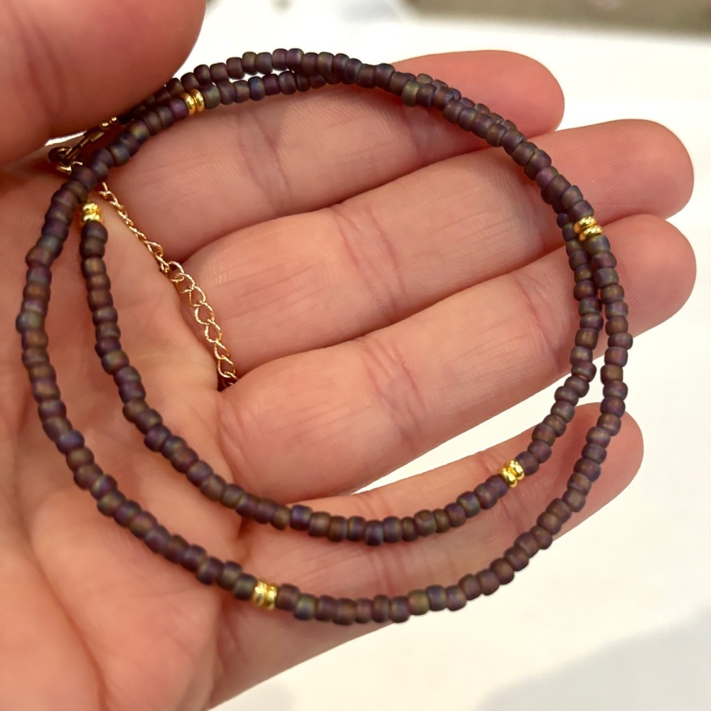 Gold Filled Small Beaded Necklace Dark Purple Brown Bead Necklace Handmade